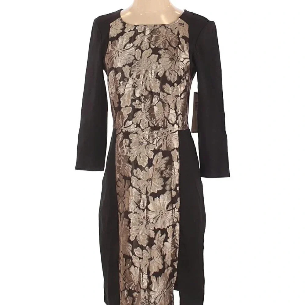 Calvin Klein Black Gold Floral Jacquard Sheath Dress Size 4 NWT Career Cocktail
